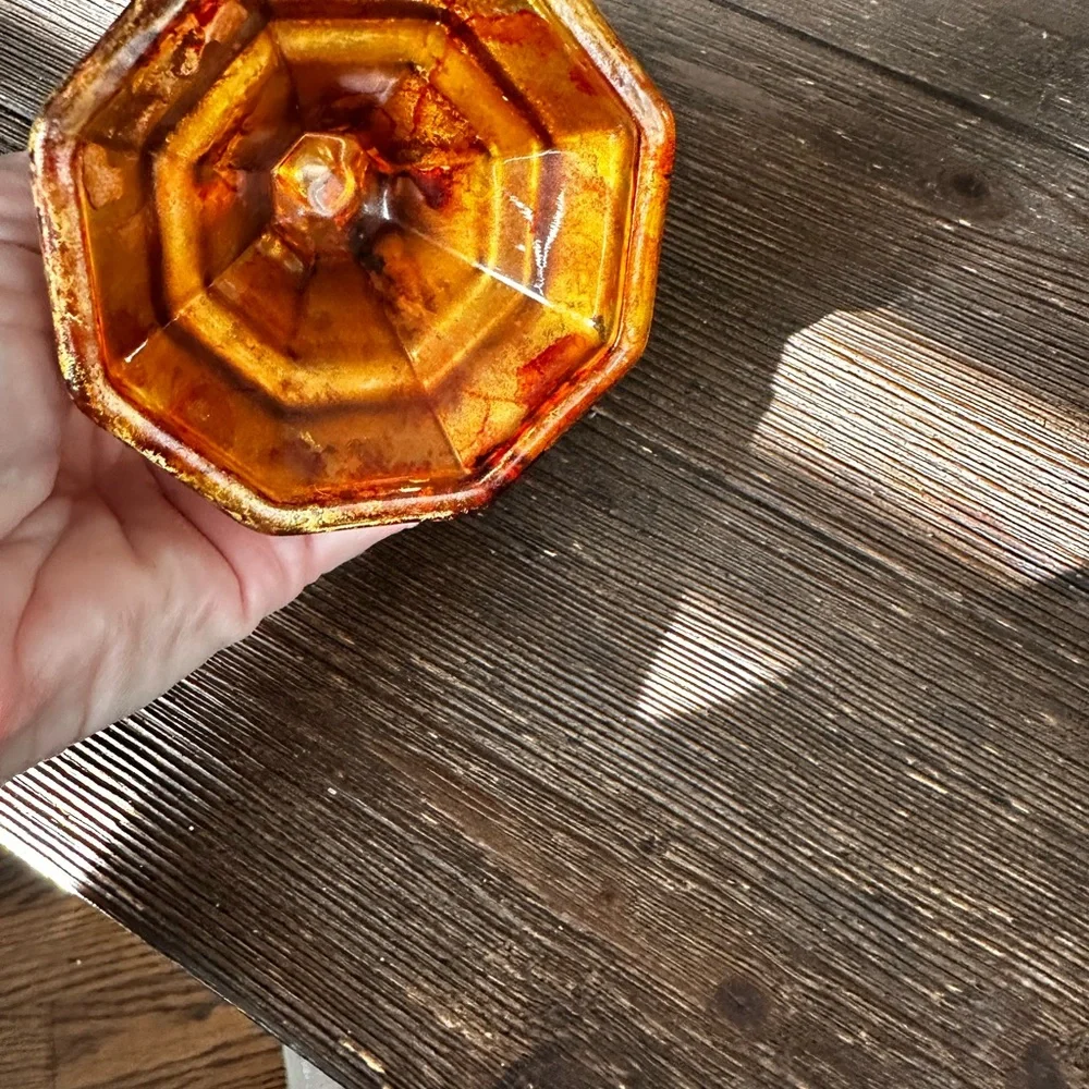 Hand crafted Amber hand painted Glass Candle Holder